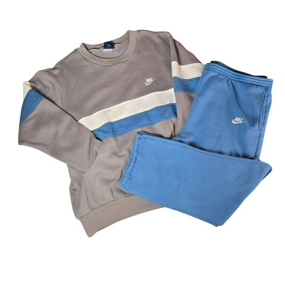 VTG 80s Nike Mens XL Sweatshirt & Pants Sweats Set Blue Gray Stripes Pockets - Picture 1 of 16